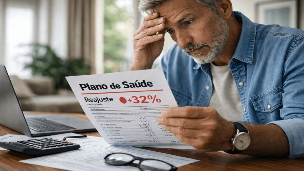 Paciente analisa aumento expressivo em boleto de plano de saúde, representando reajuste por sinistralidade com possível falta de transparência contratual e questionamento jurídico com base na Lei 9.656/98 e no Código de Defesa do Consumidor.