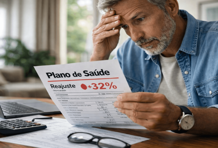 Paciente analisa aumento expressivo em boleto de plano de saúde, representando reajuste por sinistralidade com possível falta de transparência contratual e questionamento jurídico com base na Lei 9.656/98 e no Código de Defesa do Consumidor.
