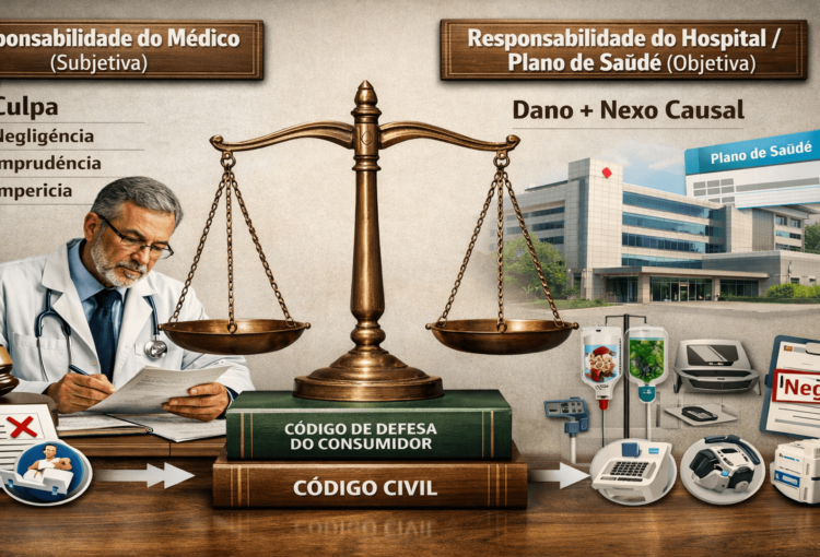 Imagem ilustrativa representando a distinção entre responsabilidade civil médica subjetiva e responsabilidade objetiva de hospitais e planos de saúde, com destaque para culpa profissional, nexo causal e aplicação do Código de Defesa do Consumidor.