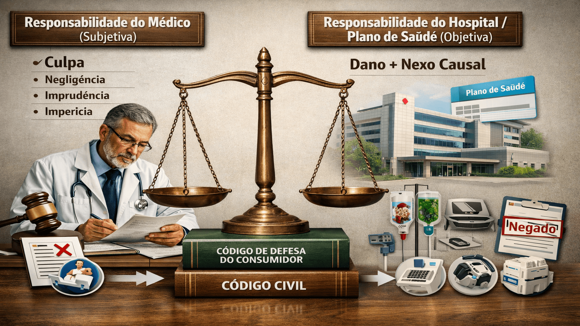 Imagem ilustrativa representando a distinção entre responsabilidade civil médica subjetiva e responsabilidade objetiva de hospitais e planos de saúde, com destaque para culpa profissional, nexo causal e aplicação do Código de Defesa do Consumidor.