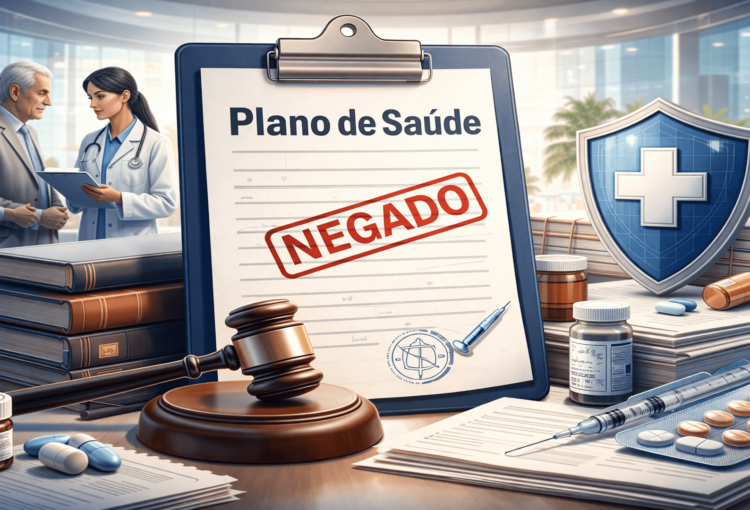 Ilustração sobre cobertura fora do rol da ANS, mostrando negativa de plano de saúde, análise jurídica do caso, documentos médicos e proteção ao direito do paciente.
