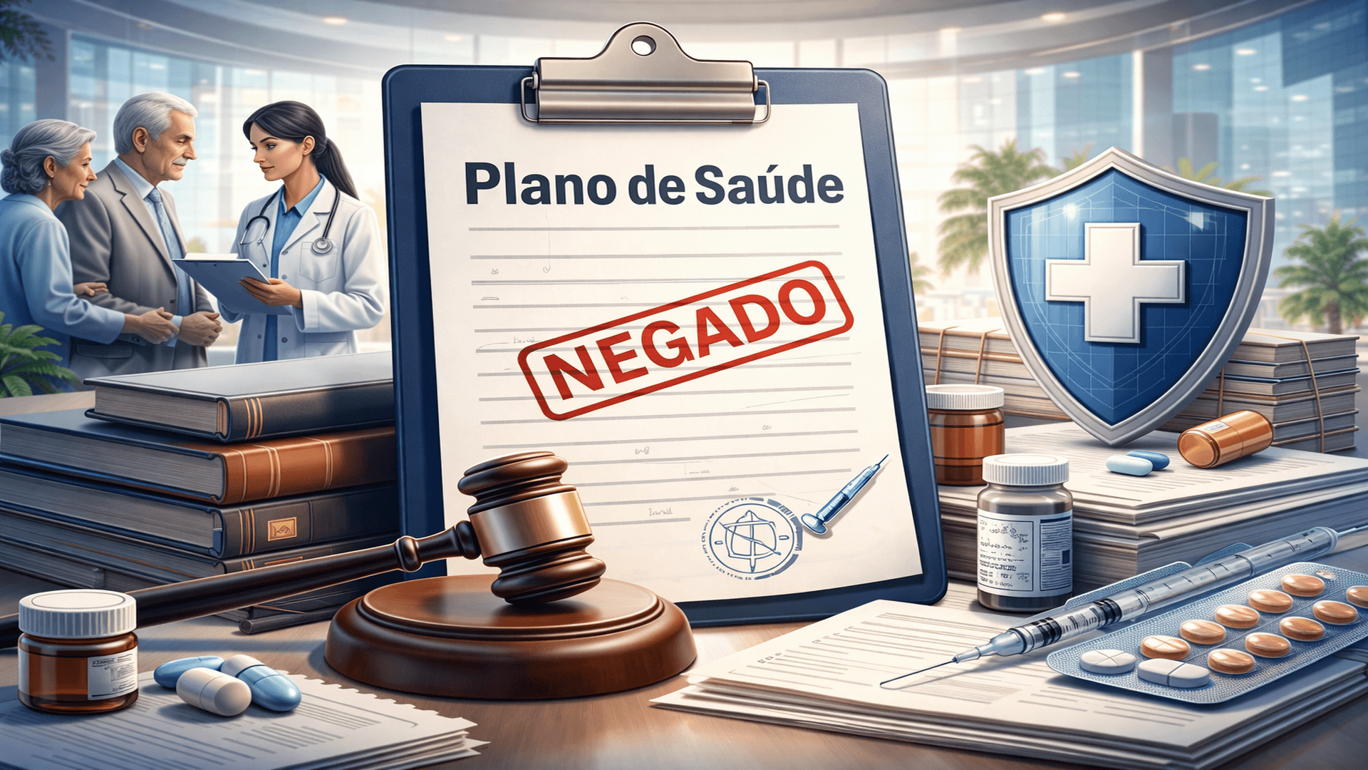 Ilustração sobre cobertura fora do rol da ANS, mostrando negativa de plano de saúde, análise jurídica do caso, documentos médicos e proteção ao direito do paciente.