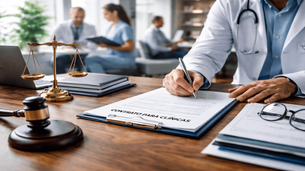 Texto de blog sobre contratos para clínicas, destacando segurança jurídica, revisão contratual, prevenção de conflitos, organização da gestão e proteção da operação na área da saúde.