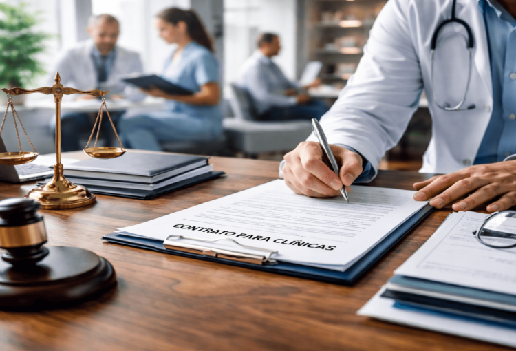 Texto de blog sobre contratos para clínicas, destacando segurança jurídica, revisão contratual, prevenção de conflitos, organização da gestão e proteção da operação na área da saúde.