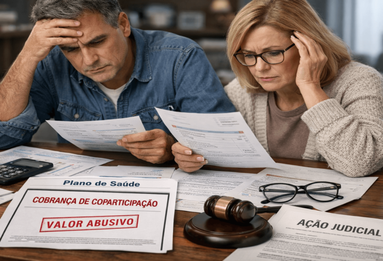 Artigo explicativo sobre coparticipação abusiva em plano de saúde, mostrando quando a cobrança pode ser considerada ilegal, quais dores financeiras e emocionais afetam o usuário e quais medidas administrativas e judiciais podem ser adotadas.