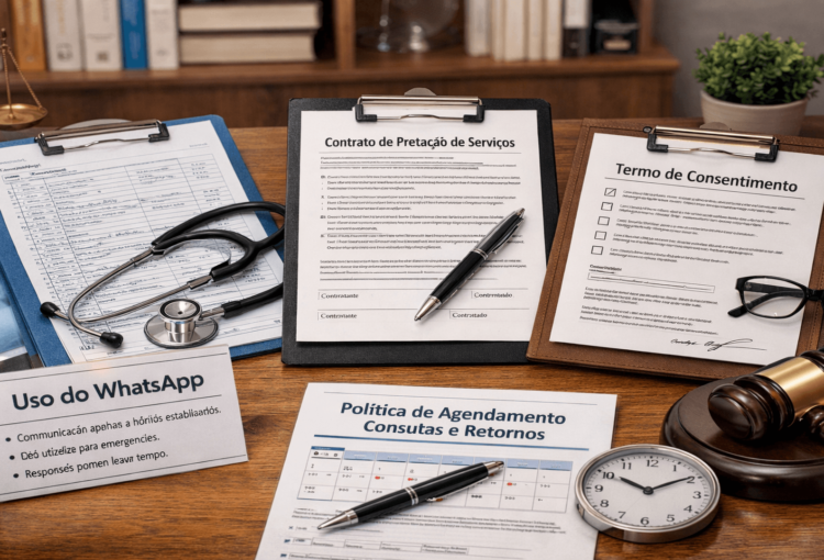 Imagem ilustrativa sobre documentos essenciais para consultório médico, com prontuário, contrato, termo de consentimento, política de agendamento e comunicação profissional organizada no ambiente clínico.