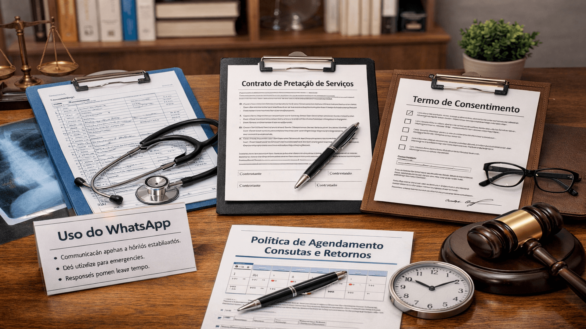 Imagem ilustrativa sobre documentos essenciais para consultório médico, com prontuário, contrato, termo de consentimento, política de agendamento e comunicação profissional organizada no ambiente clínico.
