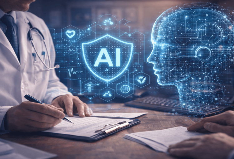 Médico analisando informações clínicas com apoio de inteligência artificial, representada por interface digital de dados, simbolizando uso ético e supervisionado da IA na medicina.