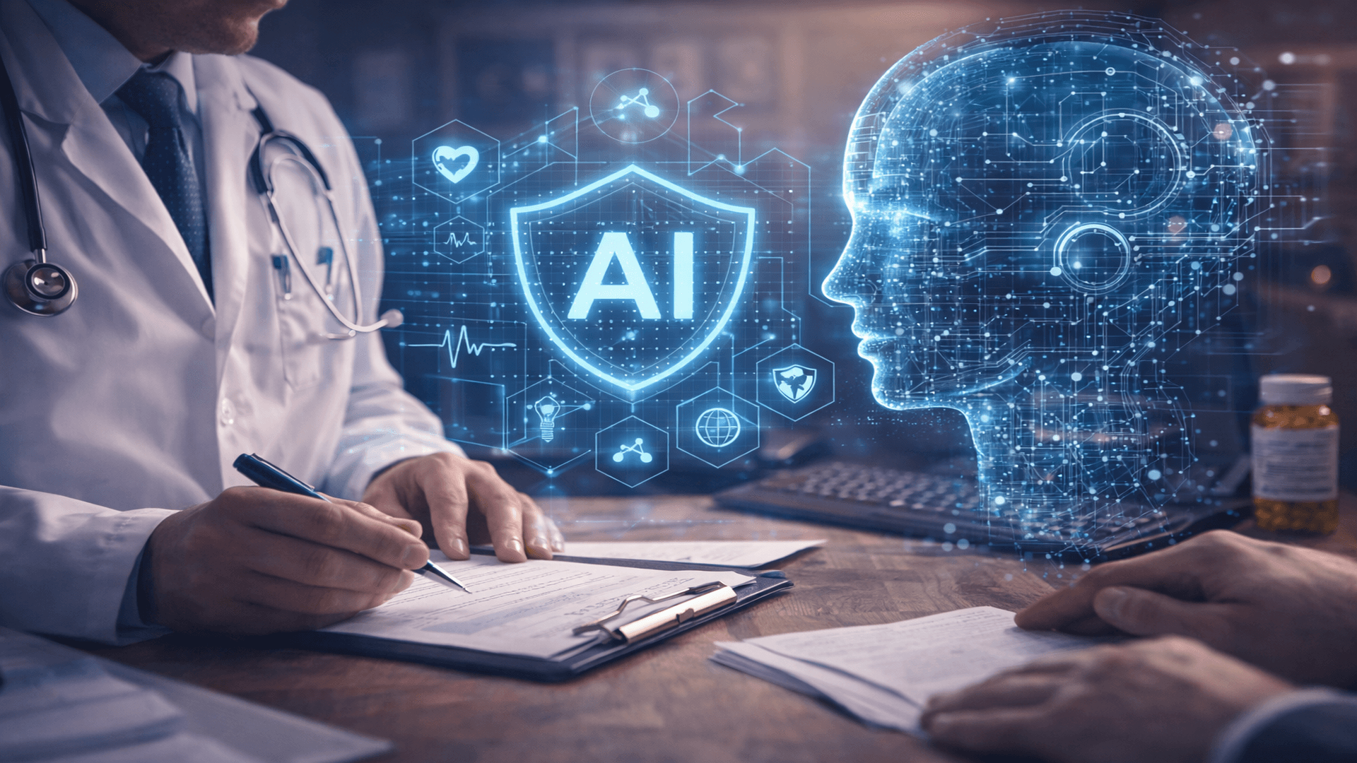 Médico analisando informações clínicas com apoio de inteligência artificial, representada por interface digital de dados, simbolizando uso ético e supervisionado da IA na medicina.