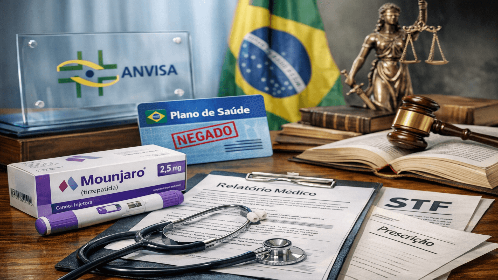 Texto explicativo sobre quando o plano de saúde pode ser obrigado a cobrir o Mounjaro, mesmo fora do rol da ANS, com destaque para Anvisa, laudo médico e critérios do STF.