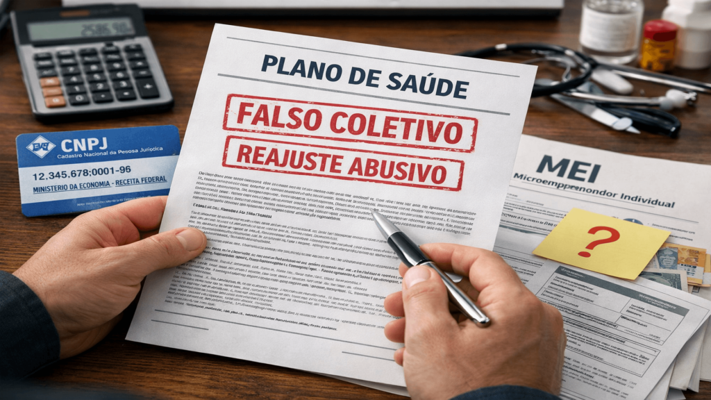 Ilustração sobre plano de saúde falso coletivo, reajuste abusivo e contrato por CNPJ ou MEI