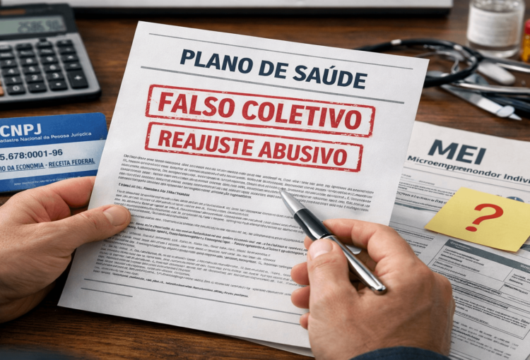 Ilustração sobre plano de saúde falso coletivo, reajuste abusivo e contrato por CNPJ ou MEI