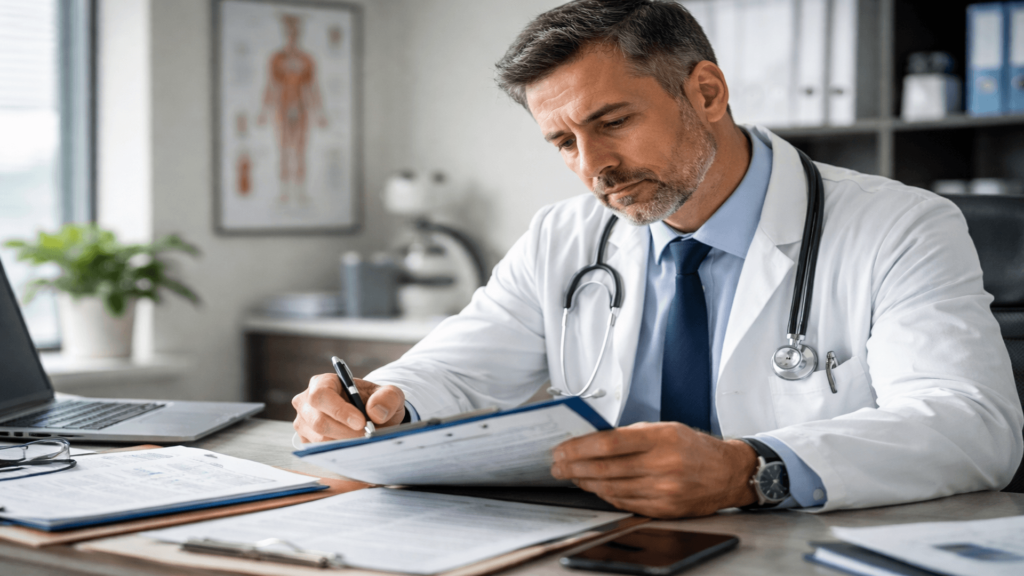 Médico em consultório, com expressão séria, analisando prontuário e documentos clínicos enquanto reflete sobre o risco de processo contra médico, falhas de comunicação, consentimento informado, relação médico-paciente e judicialização da medicina no contexto dos planos de saúde.