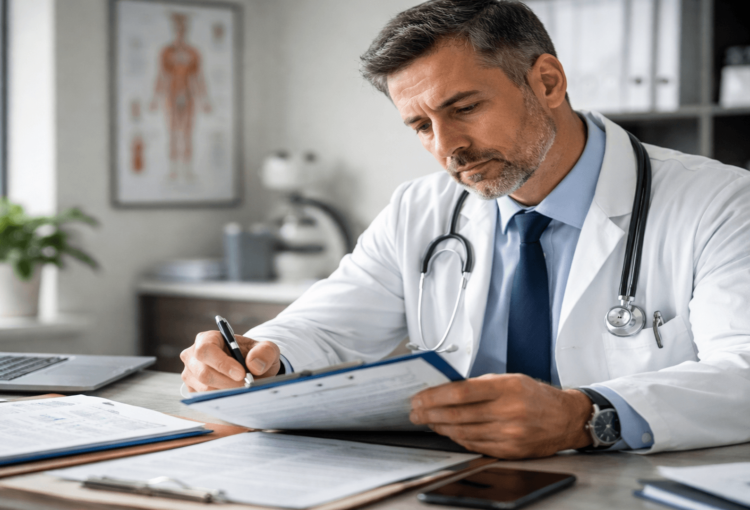 Médico em consultório, com expressão séria, analisando prontuário e documentos clínicos enquanto reflete sobre o risco de processo contra médico, falhas de comunicação, consentimento informado, relação médico-paciente e judicialização da medicina no contexto dos planos de saúde.