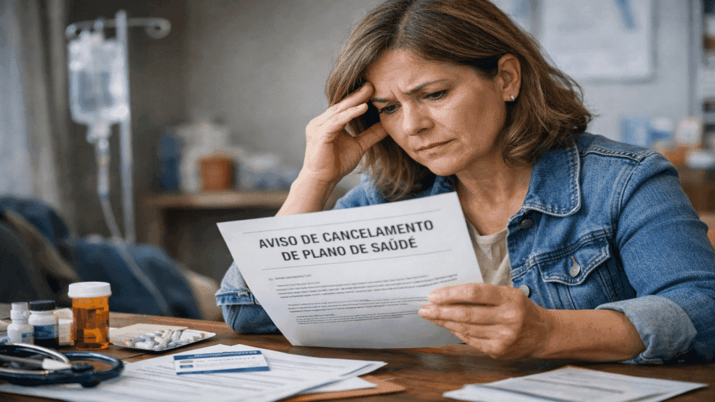 Pessoa analisando notificação de cancelamento de plano de saúde falso coletivo, preocupada com continuidade de tratamento médico e direitos do consumidor.