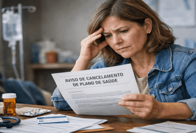 Pessoa analisando notificação de cancelamento de plano de saúde falso coletivo, preocupada com continuidade de tratamento médico e direitos do consumidor.