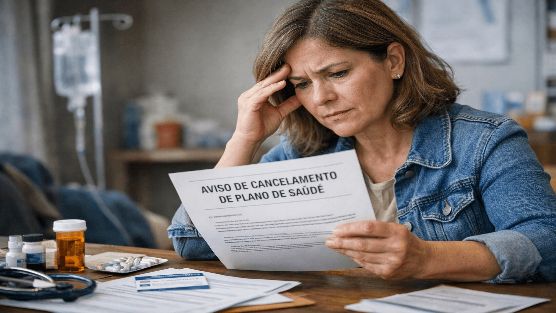 Pessoa analisando notificação de cancelamento de plano de saúde falso coletivo, preocupada com continuidade de tratamento médico e direitos do consumidor.