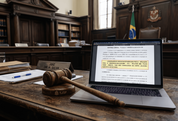 Martelo judicial ao lado de notebook com decisão contendo jurisprudência inexistente, simbolizando o uso de IA no Judiciário de São Paulo.