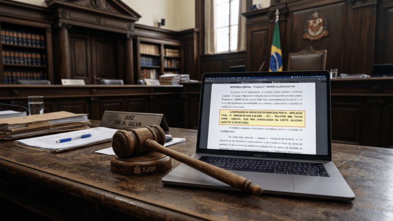 Martelo judicial ao lado de notebook com decisão contendo jurisprudência inexistente, simbolizando o uso de IA no Judiciário de São Paulo.