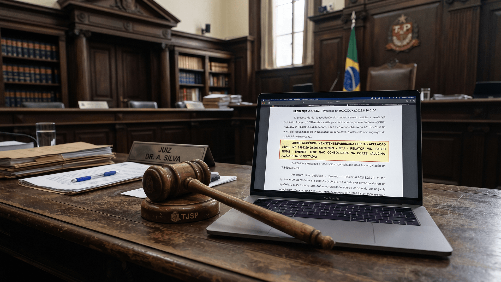 Martelo judicial ao lado de notebook com decisão contendo jurisprudência inexistente, simbolizando o uso de IA no Judiciário de São Paulo.