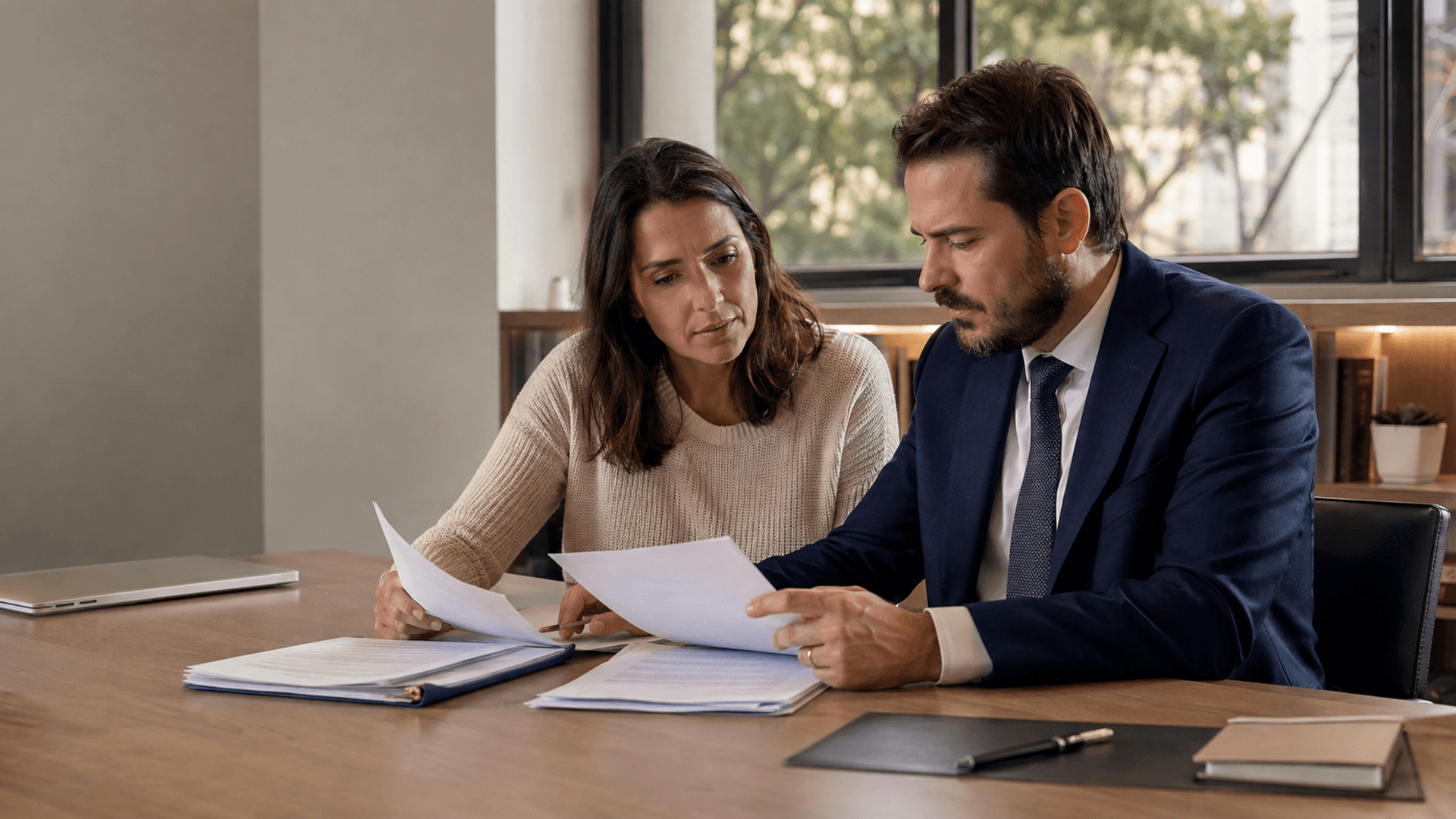 Beneficiária e advogado comparam contrato, negativa e relatório médico durante análise jurídica de negativa de cobertura.