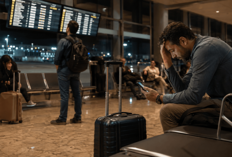Passageiros aguardam no aeroporto durante atraso de voo enquanto consultam informações sobre assistência e dano moral