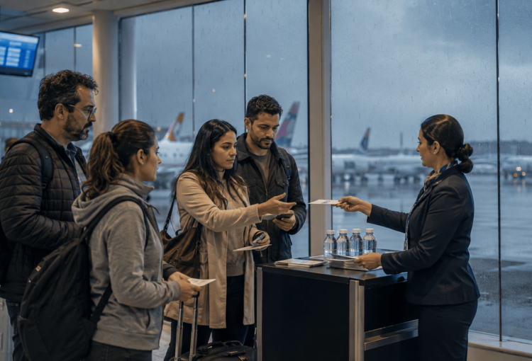 Passageiros recebem assistência no aeroporto durante atraso de voo por mau tempo enquanto acompanham a reacomodação.