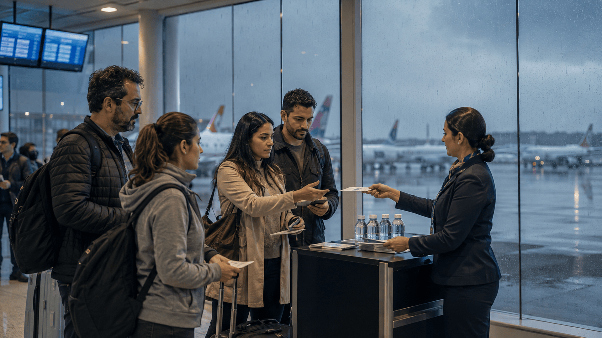 Passageiros recebem assistência no aeroporto durante atraso de voo por mau tempo enquanto acompanham a reacomodação.