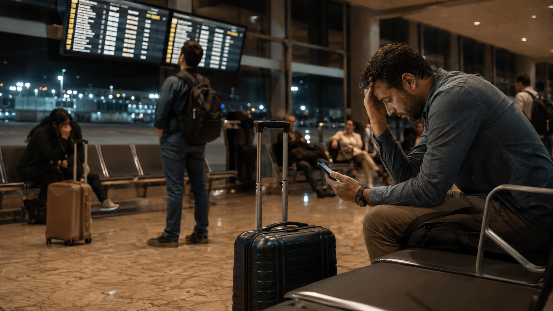 Passageiros aguardam no aeroporto durante atraso de voo enquanto consultam informações sobre assistência e dano moral