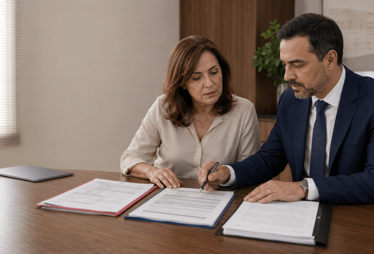 Beneficiária e advogado analisam negativa, relatório médico e contrato antes de pedir liminar contra negativa de plano de saúde.