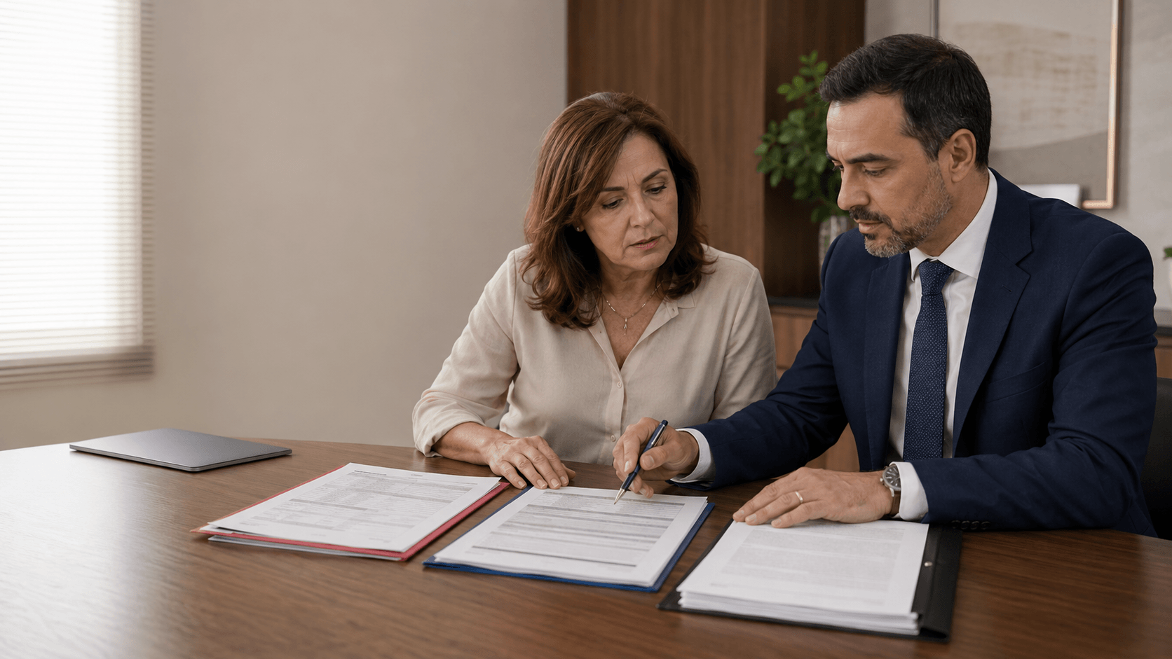 Beneficiária e advogado analisam negativa, relatório médico e contrato antes de pedir liminar contra negativa de plano de saúde.