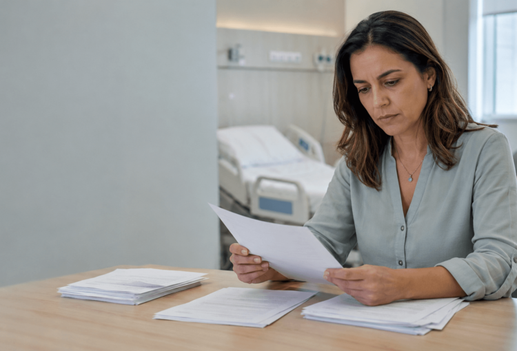 Beneficiária analisa documentos sobre Limitação pelo plano de saúde em internação hospitalar e sessões de terapia.
