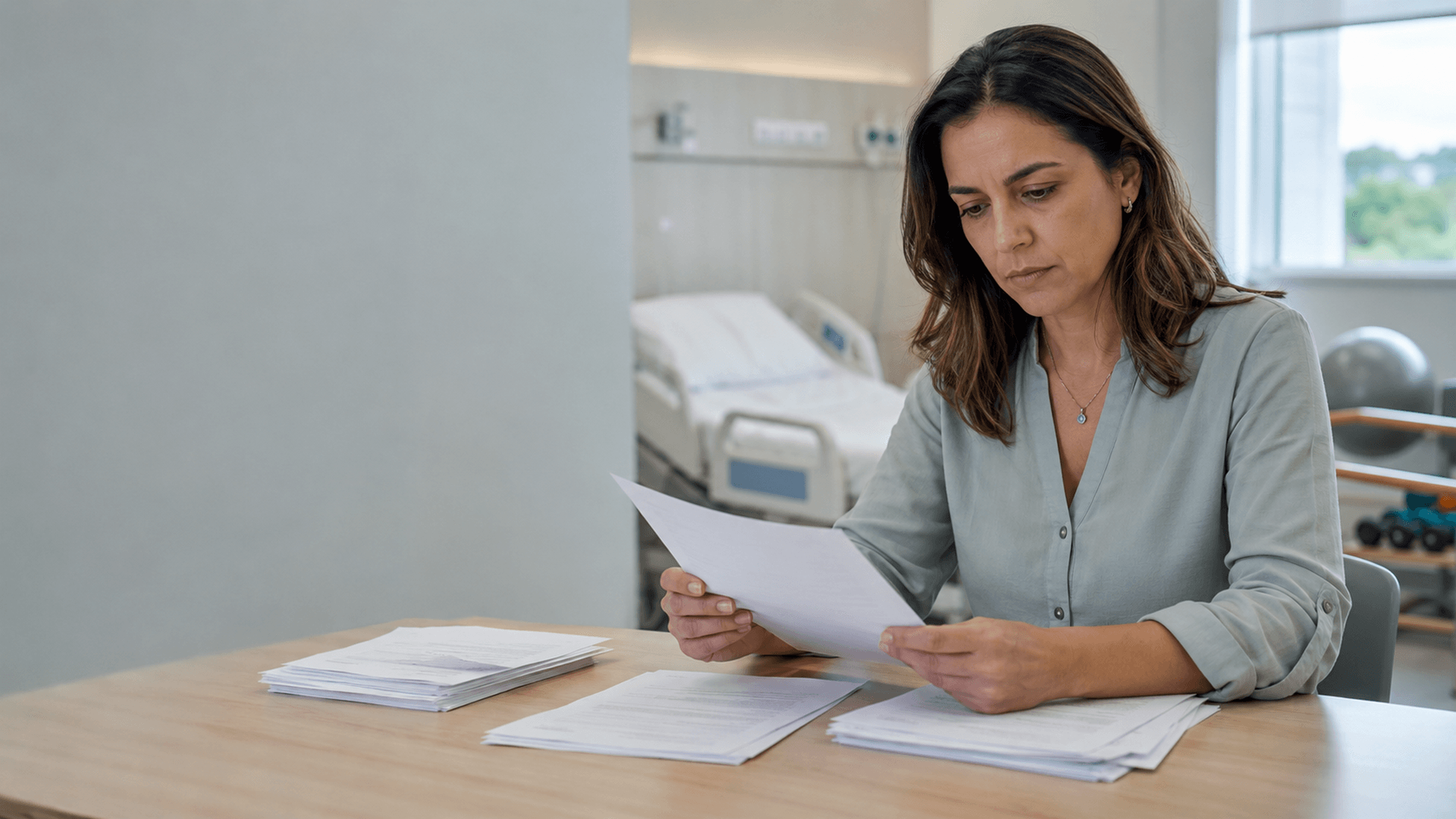 Beneficiária analisa documentos sobre Limitação pelo plano de saúde em internação hospitalar e sessões de terapia.