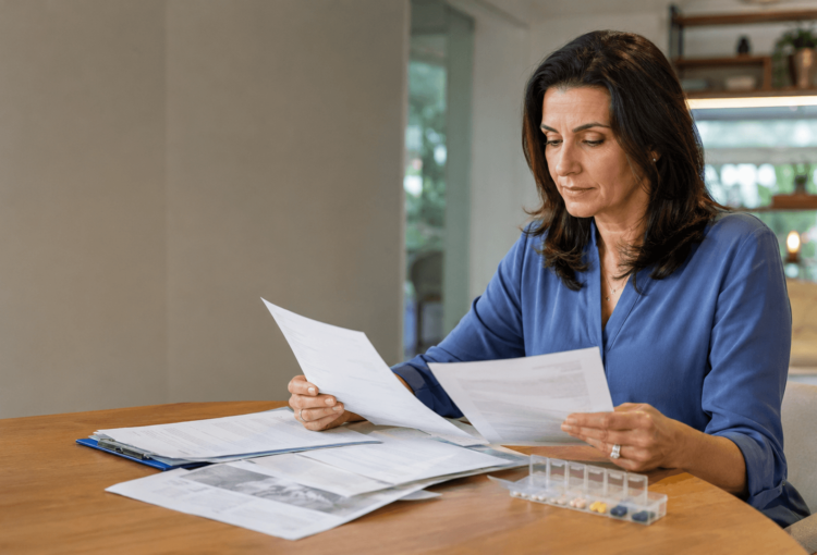 Paciente organiza prescrição e documentos para solicitar quimioterapia oral ao plano de saúde e verificar os critérios de cobertura.