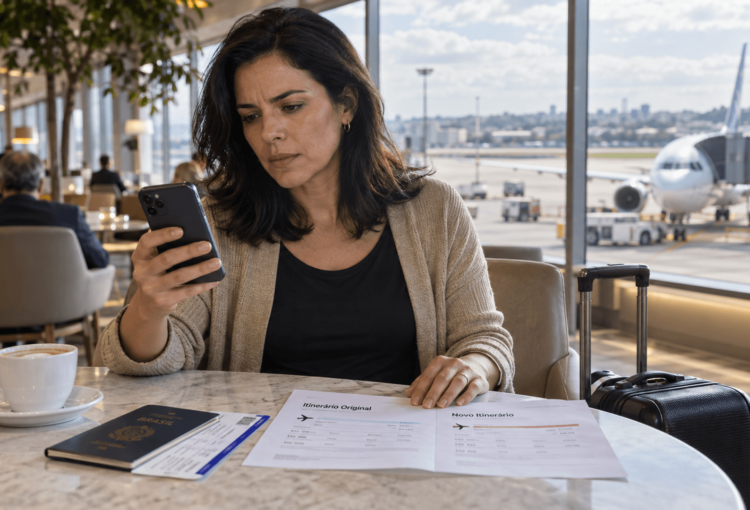 Passageira compara o itinerário original com aviso de alteração unilateral de voo no celular, ao lado de documentos da viagem.