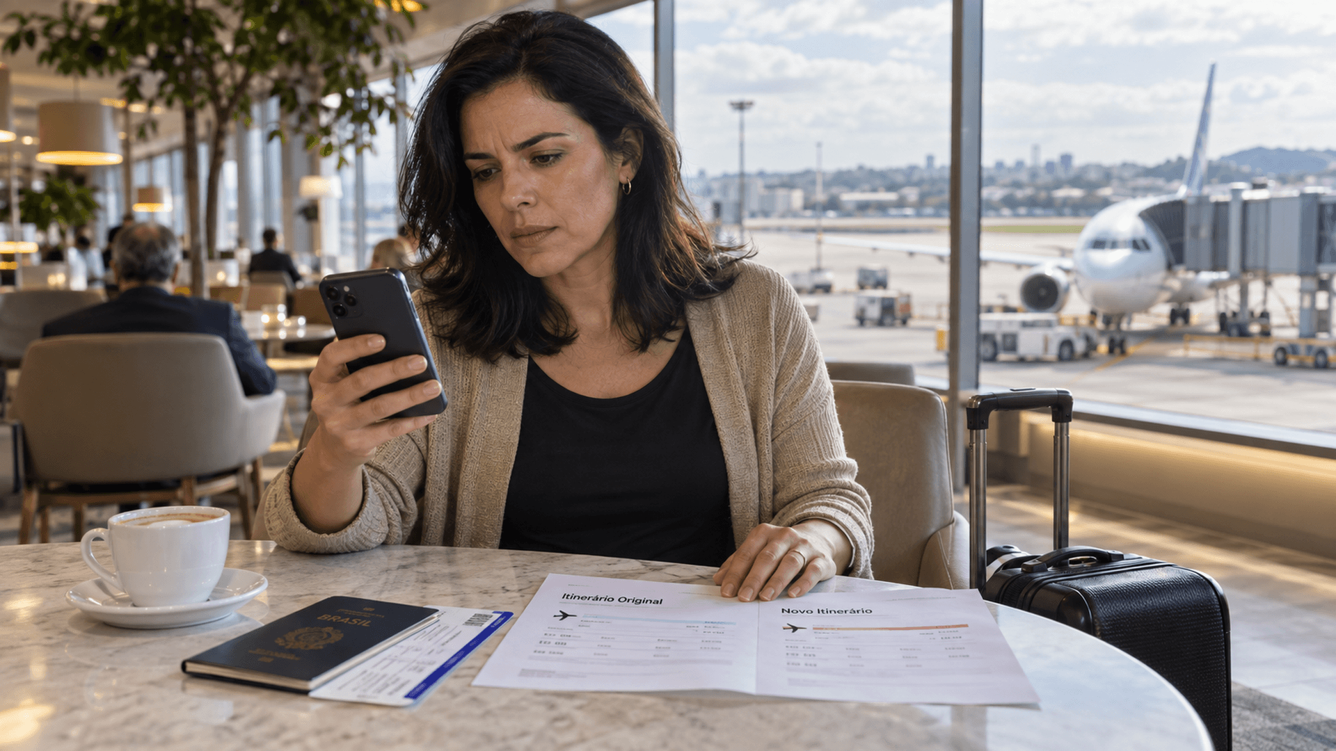 Passageira compara o itinerário original com aviso de alteração unilateral de voo no celular, ao lado de documentos da viagem.