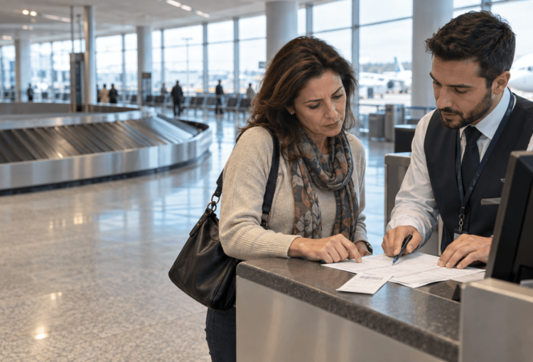 Passageira confere documentos com atendente da companhia aérea após extravio de bagagem em aeroporto.