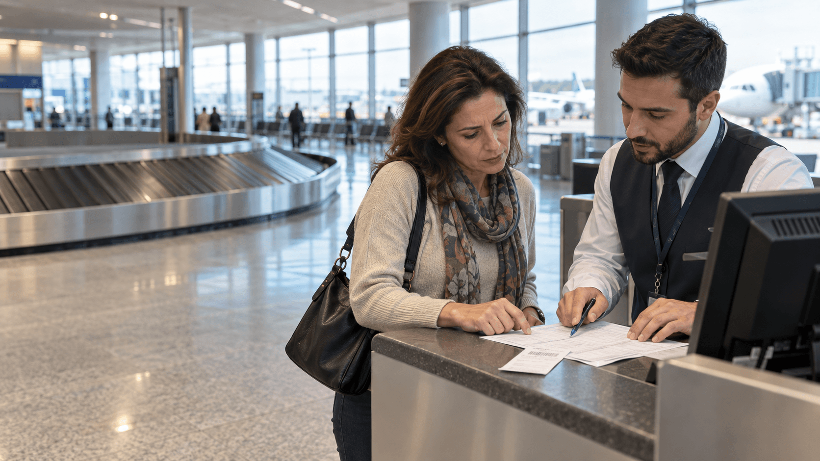Passageira confere documentos com atendente da companhia aérea após extravio de bagagem em aeroporto.