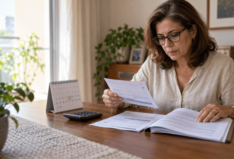 Início 3 Beneficiária compara contrato, calendário e boletos para verificar a data do reajuste do plano de saúde.