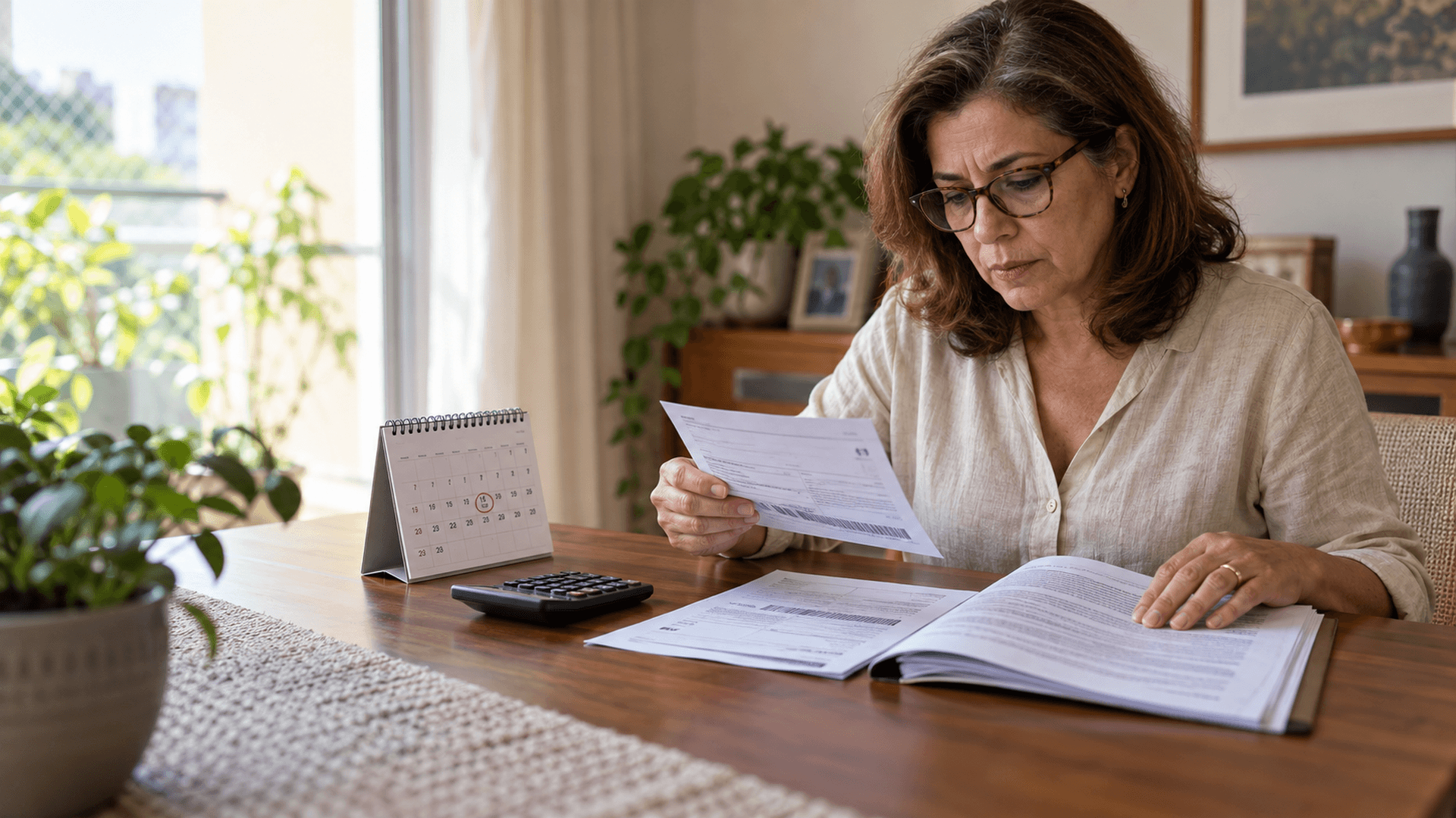 Beneficiária compara contrato, calendário e boletos para verificar a data do reajuste do plano de saúde.