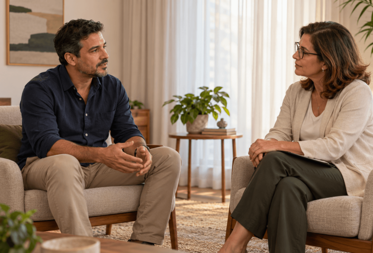 essoa com ludopatia conversa com profissional de saúde mental em consultório durante avaliação para tratamento pelo plano de saúde.