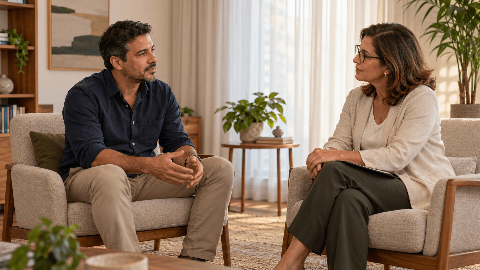essoa com ludopatia conversa com profissional de saúde mental em consultório durante avaliação para tratamento pelo plano de saúde.