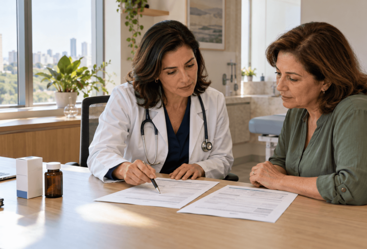 Início 3 Beneficiária e médica conferem prescrição e documentos sanitários de medicamento importado para analisar pedido de cobertura ao plano de saúde.