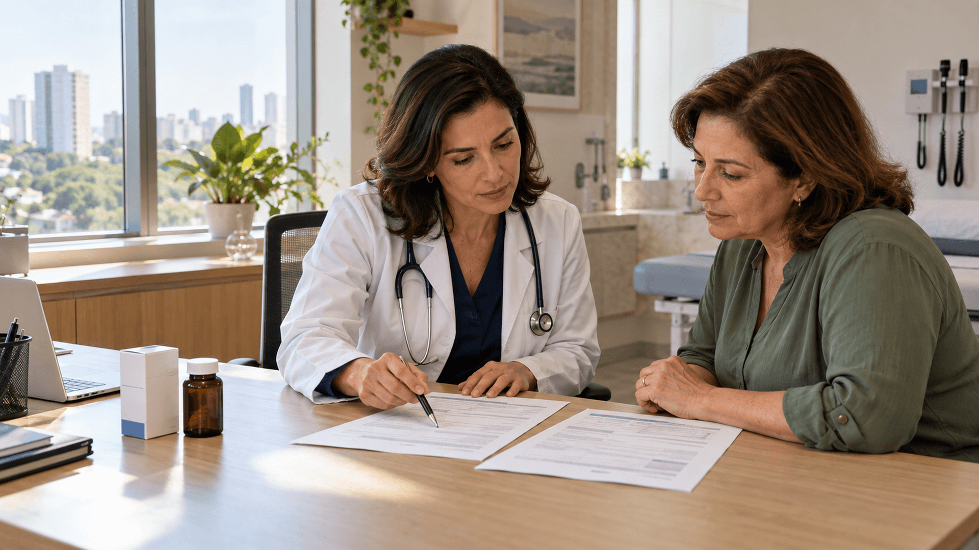Beneficiária e médica conferem prescrição e documentos sanitários de medicamento importado para analisar pedido de cobertura ao plano de saúde.