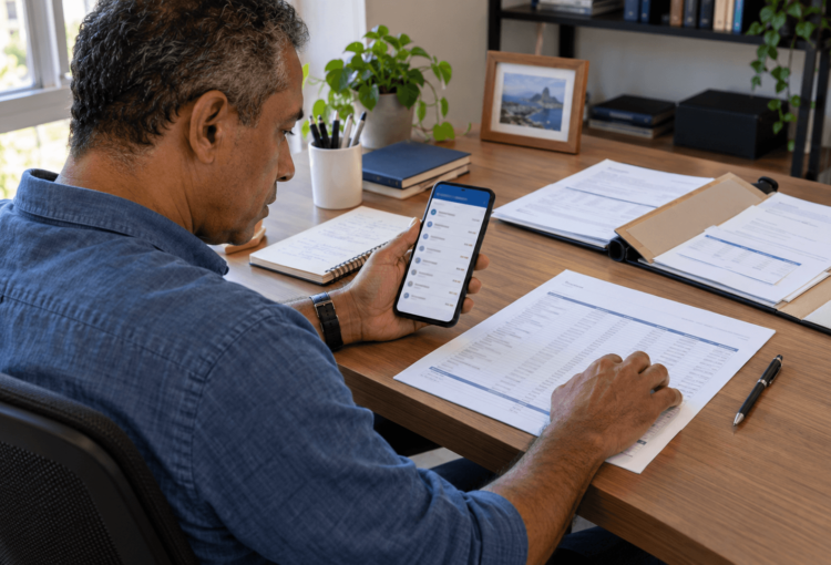 Início 3 Correntista analisa extrato no celular e organiza documentos para contestar transferência não reconhecida.